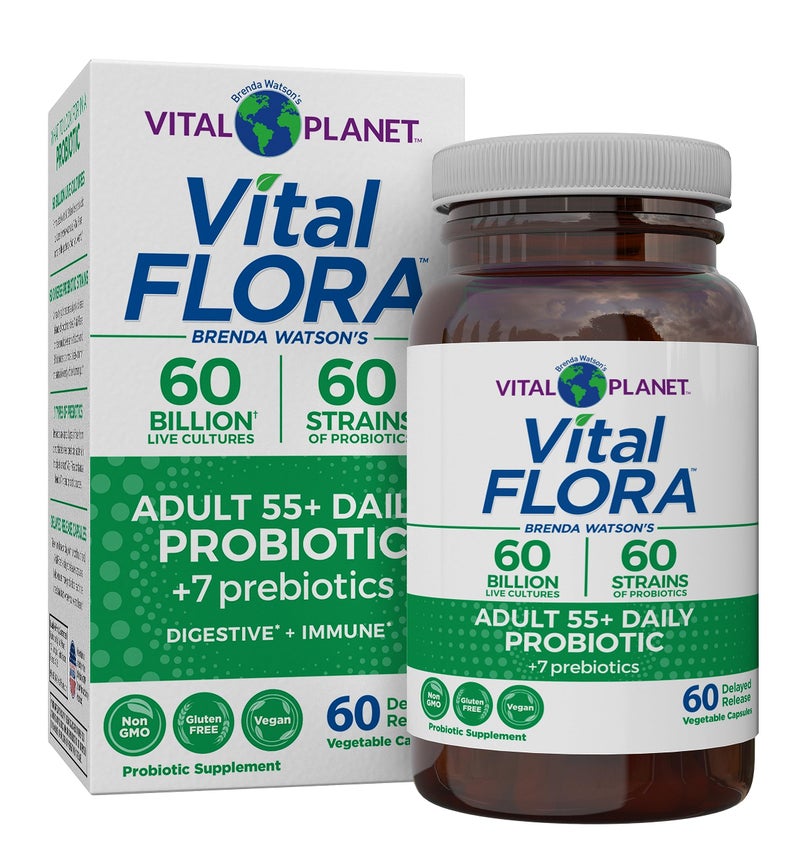 Vital Planet Vital Flora Adults Over 55 Daily Probiotic 60 Billion CFU Diverse Strains Organic Prebiotics Immune Support Gas Relief Digestive Health Probiotics for Women and Men 60 Capsules